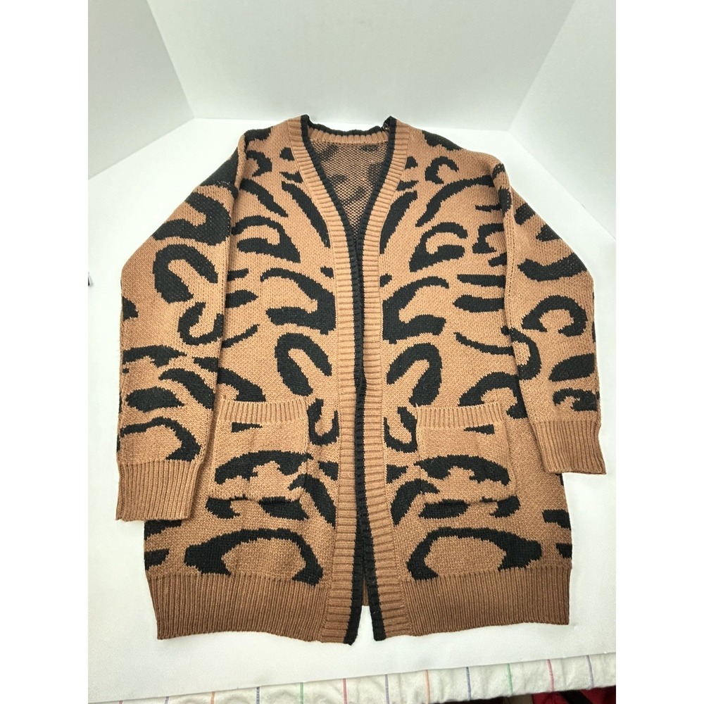 New SHEIN Size L Brown/Black Animal Print Longline Edge to Edge Cardigan Cozy